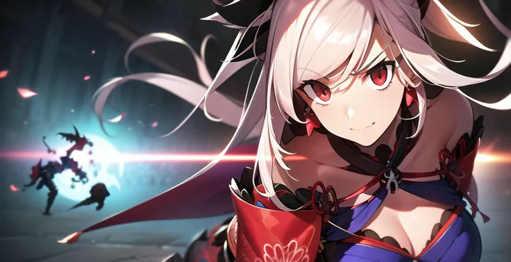 ((Best quality)), ((masterpiece)), ((realistic)), ((beautiful epic)), a wide portrait of Miyamoto Musashi, the character from Fate/Grand Order, in the midst of a Shimousa carnage battle in Epic of Remnant, Pseudo-Singularity III: The Stage of Carnage. Musa...