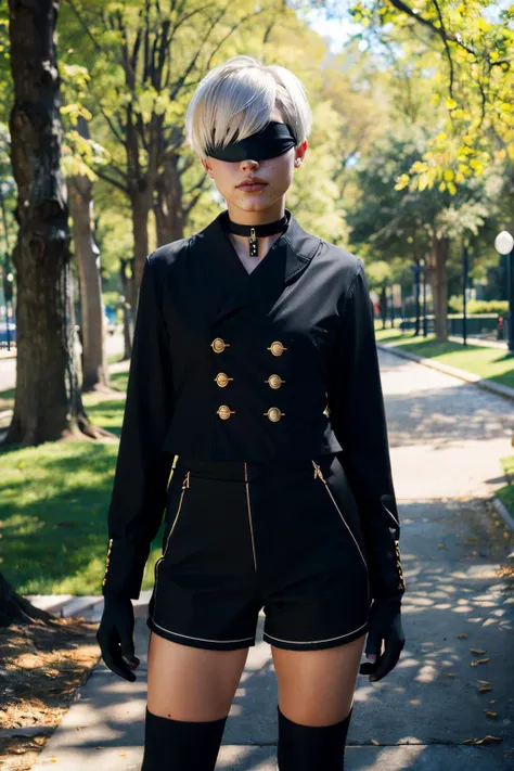 Yorha, short white hair, black blindfold, lips, mole under mouth, choker, black jacket, long sleeves, buttons, black shorts, gloves, looking at viewer, serious, standing, outside, park, scenic path, trees, blue sky, high quality, masterpiece  <lora:Yorha9s...