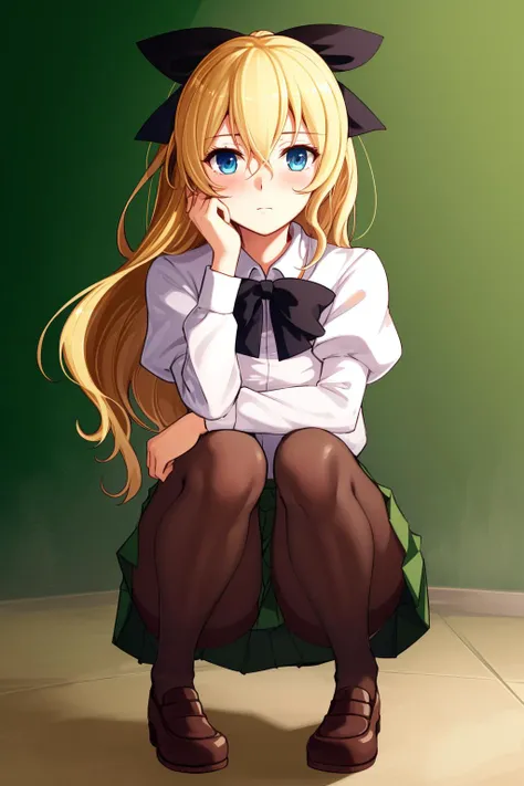 masterpiece, highest quality, best quality, 1girl, solo, looking at viewer, squatting, spread legs,
satou lilly, blind, blue eyes, black bow, blush, hair between eyes, hair blowing, katawa shoujo, long hair, pantyhose, school uniform, skirt, blonde hair, g...