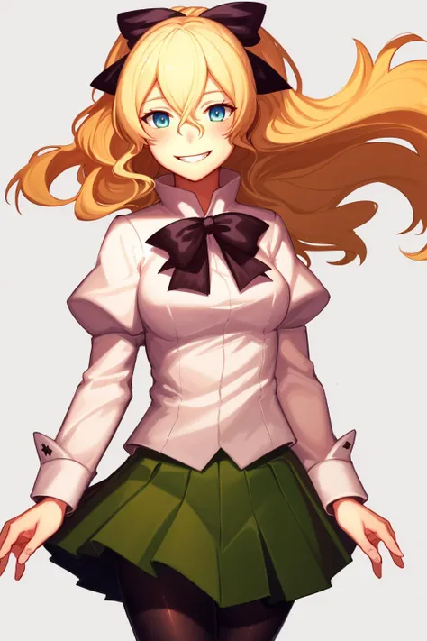 masterpiece, highest quality, best quality, 1girl, solo, 
satou lilly, blind, blue eyes, black bow, blush, hair between eyes, hair blowing, katawa shoujo, long hair, pantyhose, school uniform, skirt, smile,  blonde hair, green skirt,   <lora:my_SatouLilly_...