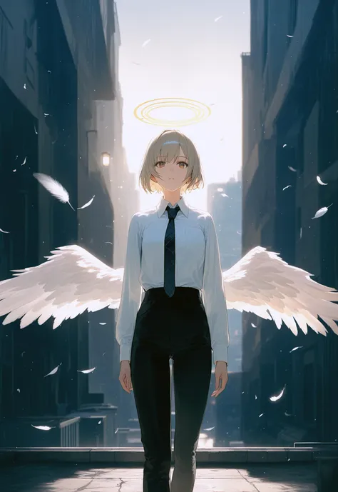 1girl, short hair, platinum blonde hair, halo, feathered wings, collared shirt, necktie, trousers, falling feathers, dramatic ci...