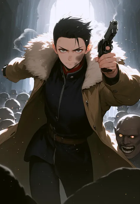 young handsome demon hunter slaying monsters, (surrounded by monsters:1.1), handgun, coat, dirty face, fighting stance, smug, lo...