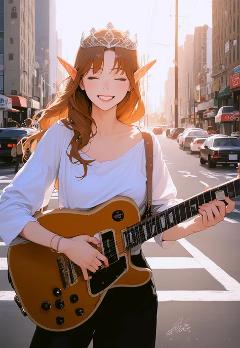 polaroid photo, the cloud elf queen busks on the streets of new york, realistic, casual, playing guitar, tiara, relaxed, happy, ...