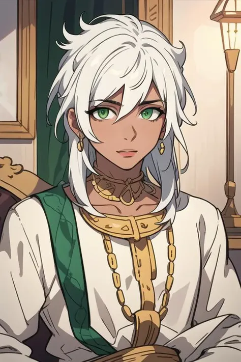 masterpiece, best quality, high quality, 1boy, solo, male focus, looking at viewer, upper body, <lora:sharrkan_amun-ra:0.58>, sharrkan_amun-ra, jewelry, white hair, green eyes, pajamas