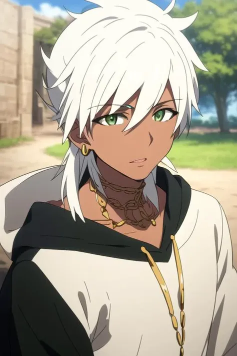 masterpiece, best quality, high quality, 1boy, solo, male focus, looking at viewer, upper body, <lora:sharrkan_amun-ra:0.72>, sharrkan_amun-ra, jewelry, white hair, green eyes, hoodie