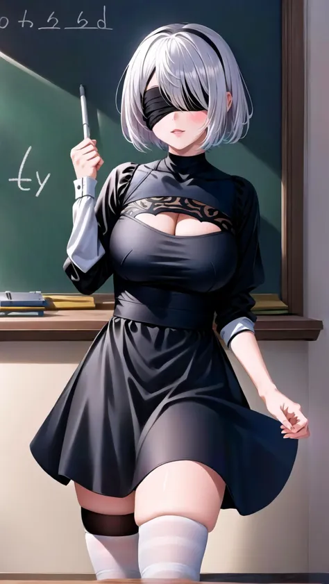 a woman in a black dress standing in front of a chalkboard