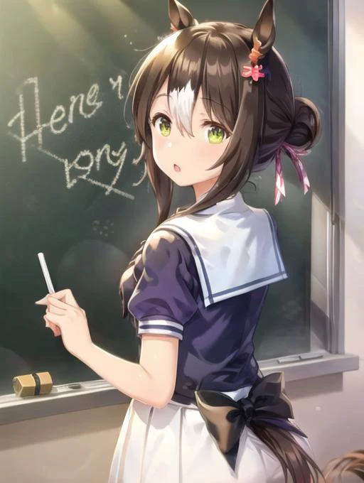 anime girl writing on a chalkboard with a pencil