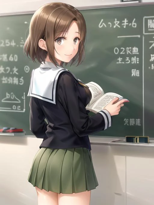 anime girl in school uniform standing in front of a blackboard