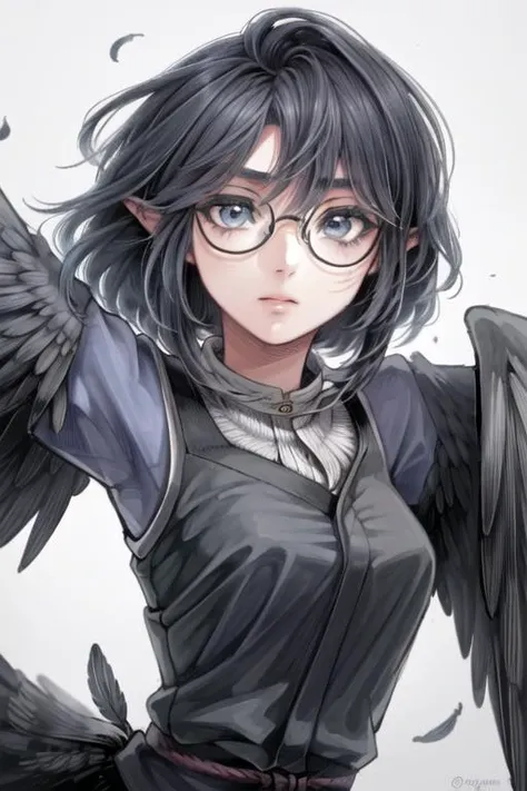 a drawing of a woman with glasses and a black bird