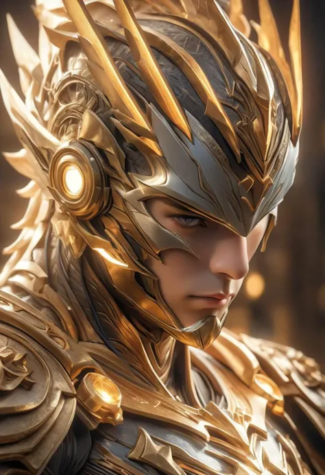 a close up of a person wearing a gold armor