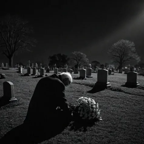 cinematic, ((black and white, monochrome, greyscale)), from behind, photograph, of a depressed and lonely elderly man, mourning, hugging, his wifes headstone, loose bouquet of roses at his feet, in a dark, dimly lit, graveyard, at night, noise, detailed, h...