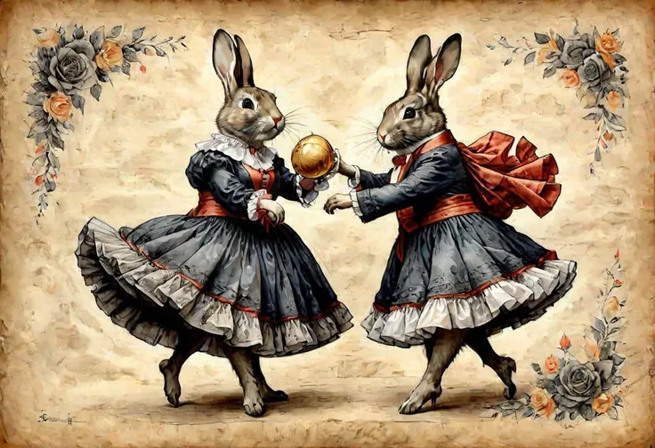 DarkFantasy, color ((((graphite)))) on parchment, two rabbits dressed as flamenco dancers, tango, extremely detailed