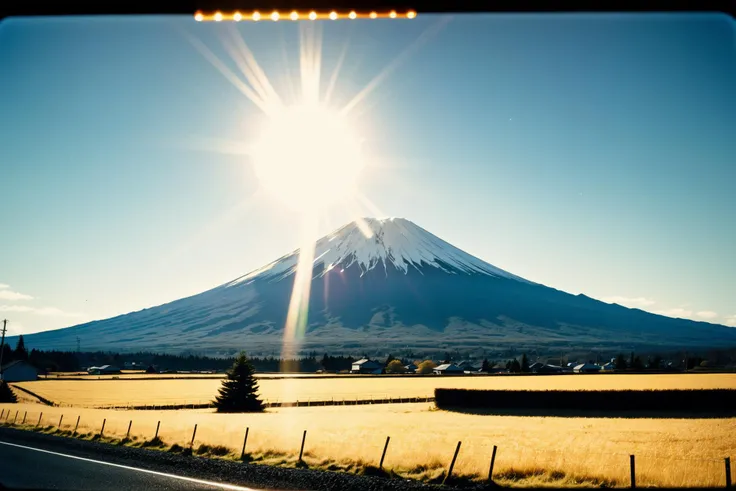 sun over fuji, SK_ANALOGFILM, ziprealism, lens flare, analog_film_artefacts, (masterpiece:1.2), best quality, <lora:EnvyBetterHiresFixXL01:1>, (high detailed skin:1.2), 8k uhd, dslr, soft lighting, high quality, film grain, Fujifilm XT3