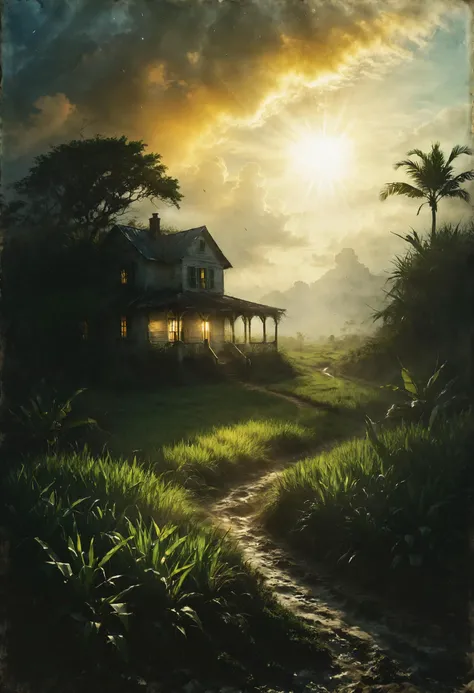 A Caribbean plantation house amidst sugar cane fields, where the trade winds carry tales of a bygone era,  <lora:SDXLFaeTastic2400:0.8>, Back lighting,  <lora:Desolation:0.7>,  <lora:EnvyFeverDreamXL01a:0.7>