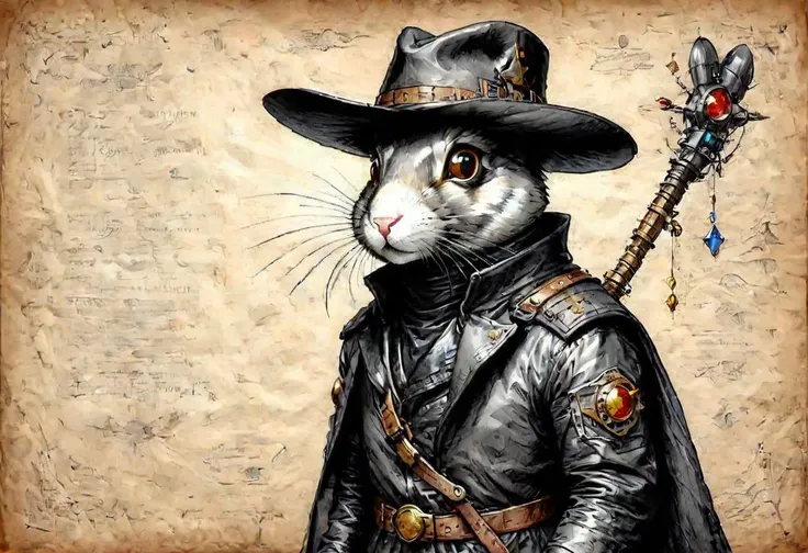 DarkFantasy, sci-fi, high tech, color ((((graphite)))) on parchment, a rabbit dressed like zorro, extremely detailed