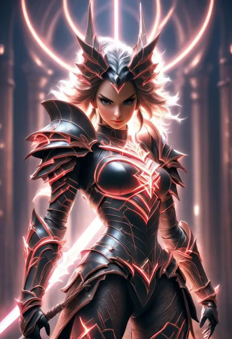 a woman in armor with a sword and a glowing halo