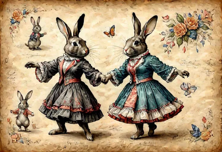 DarkFantasy, color ((((graphite)))) on parchment, two rabbits dressed as flamenco dancers, tango, extremely detailed