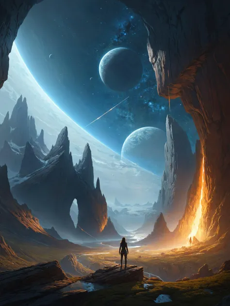 a man standing in front of a mountain with planets in the background