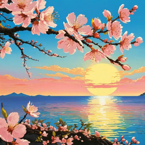 a painting of a sunset with flowers and a body of water