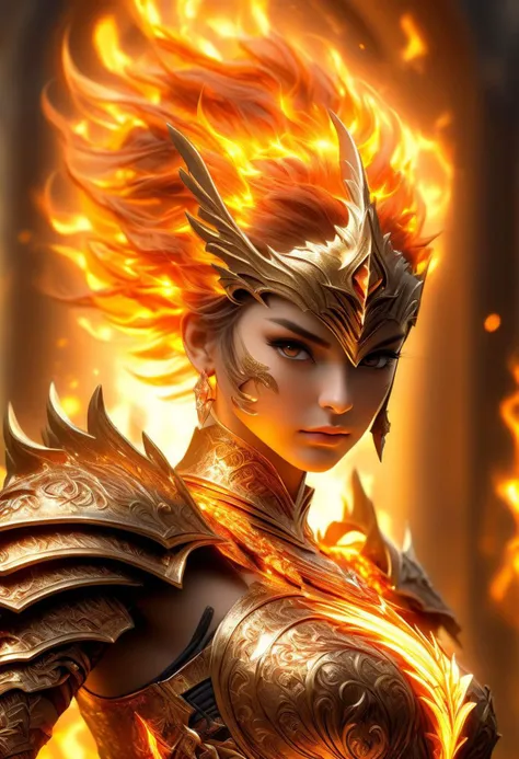 a woman in armor with fire on her head