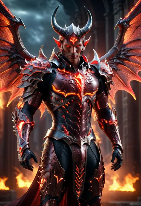 a man in armor with horns and a red demon face