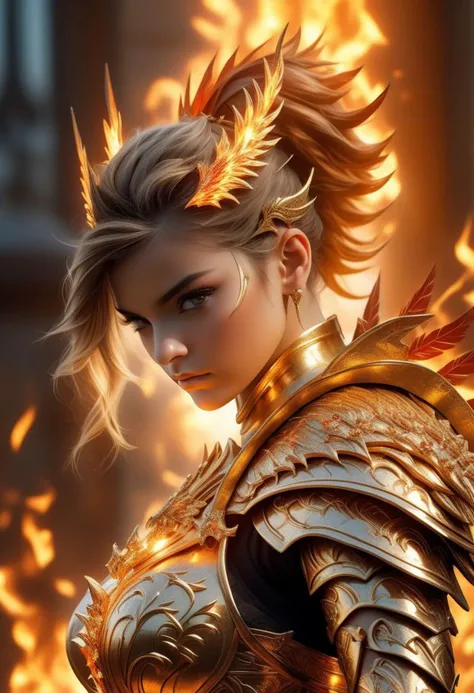 hyperdetailed fantasy character, Fire, golden armour, 1girl, holy cyborg necromancer girl, ornamented obsidian armor ((Wide_angle_shot)), Magical beautiful , background fantasy, (((masterpiece))), ((extremely detailed, focused flash photo, amazing quality,...