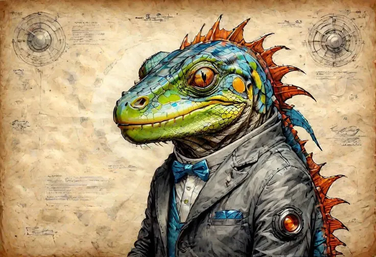 lizard dressed in a suit and tie with a blue tie