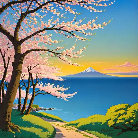 Spring evening, view on the sea, (cherry blossom), style of ghibli, hayao miyazaki, SK_Ghibli