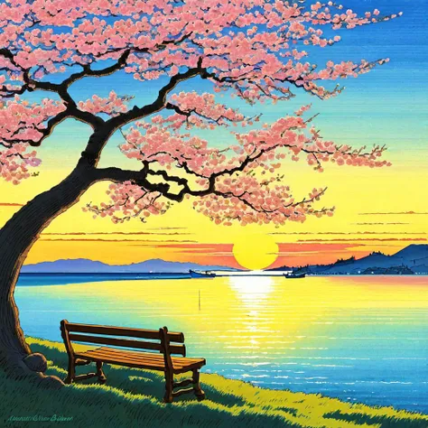 painting of a bench under a tree by the water at sunset