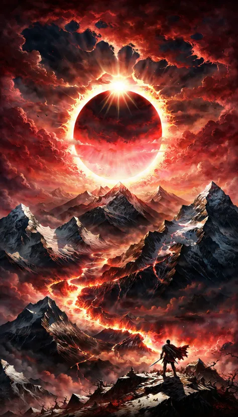 a man standing on top of a mountain looking at a red sun