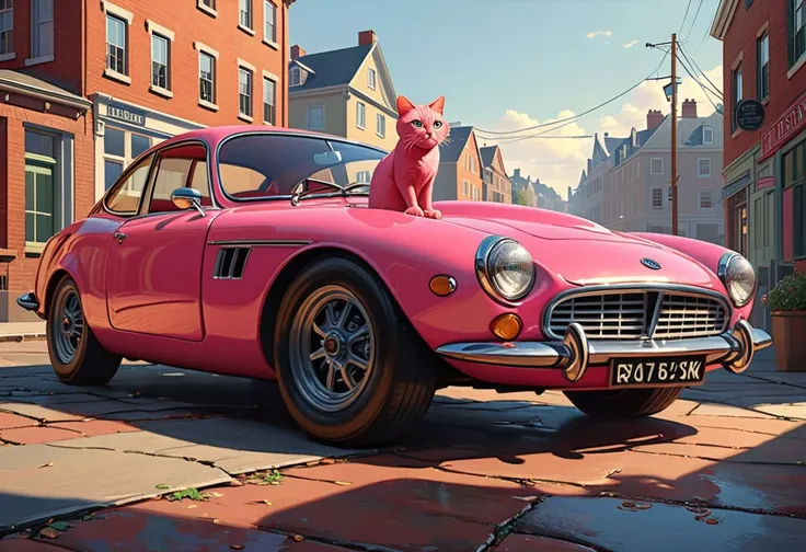 cartoon cat sitting on the hood of a pink car in a city