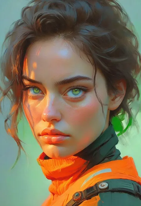 a painting of a woman with green eyes and a orange jacket