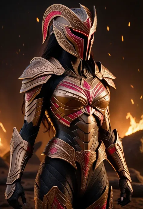 a close up of a woman in armor standing in front of a fire