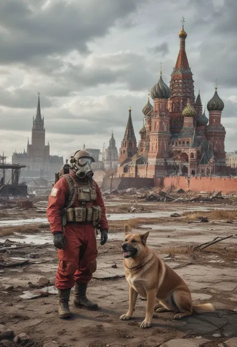 a man in a gas mask stands next to a dog in front of a building