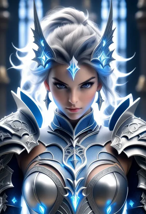 a woman in armor with blue lights on her chest