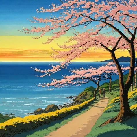 a painting of a path leading to a body of water