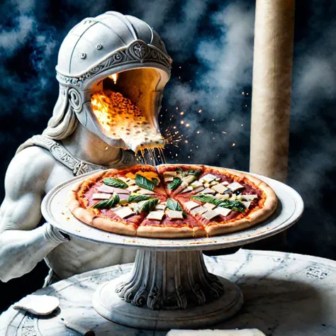 there is a statue of a man in a helmet eating a pizza