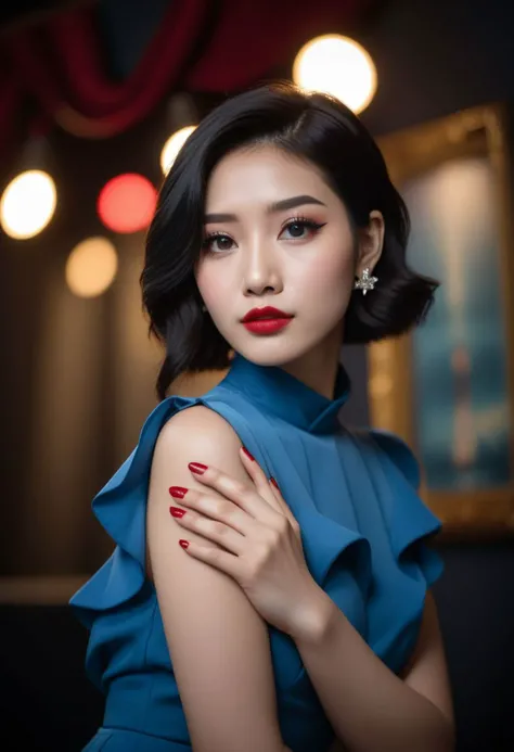 SK_CINEMATIC, photo of attractive 21 years old asian girl, black short hair, red lips, eyes makeup, diamond necklace, sky blue long dress, painted nails, glamour pose, studio background, cowboy shot,