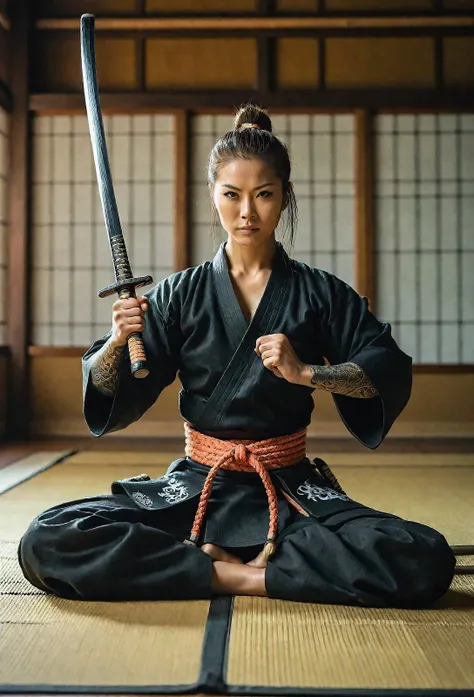 dynamic pose, beautiful female samurai sitting in a dojo and holding a katana, sword grip, arms up, from behind, Bare shoulders and back, tattoos on the back, RAW photo, (masterpiece:1.5)  <lora:add-detail-xl:1.5>