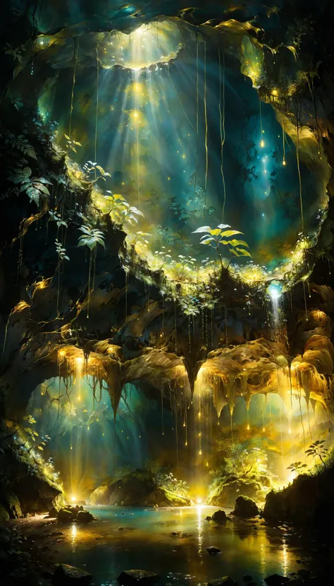 a painting of a cave with water and trees in it