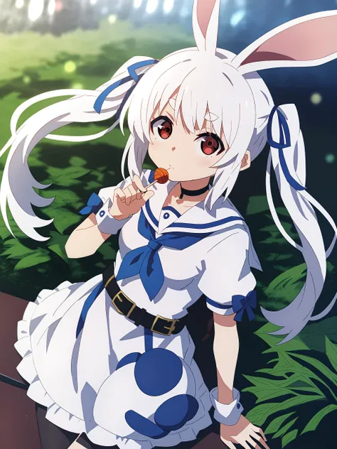 anime girl with long white hair and blue dress eating a carrot