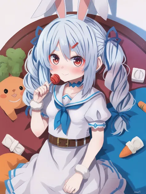 anime girl with blue hair and rabbit ears eating a carrot