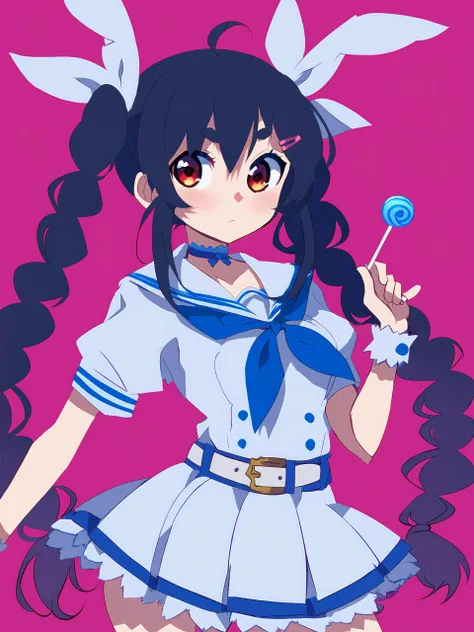 anime girl with long black hair and a blue dress holding a lollipop