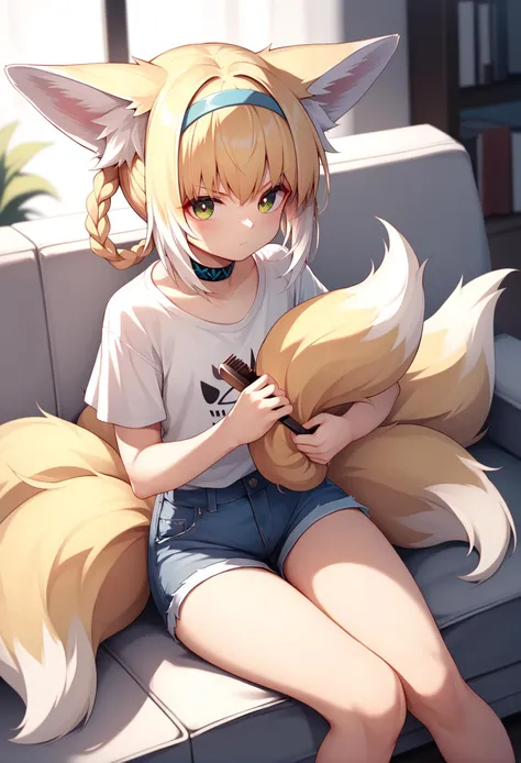 anime girl with blonde hair sitting on a couch holding a stuffed animal