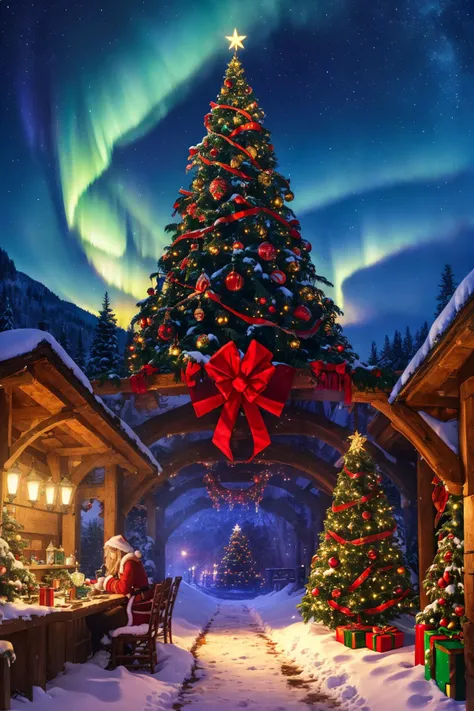 csu, cross-section, christmas card, from side, masterpiece, best quality, CG, wallpaper, HDR, high quality, high-definition, extremely detailed christmas tree, snow, blue theme, at night, starry sky, aurora borealis,  underground, elves, Santas workshop, w...