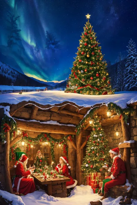 csu, cross-section, christmas card, from side, masterpiece, best quality, CG, wallpaper, HDR, high quality, high-definition, extremely detailed christmas tree, snow, blue theme, at night, starry sky, aurora borealis,  underground, elves, Santas workshop, w...