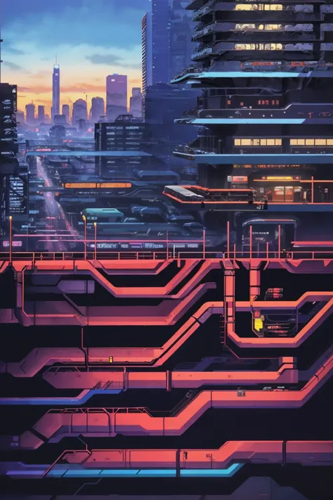 a painting of a futuristic city with a train going through it