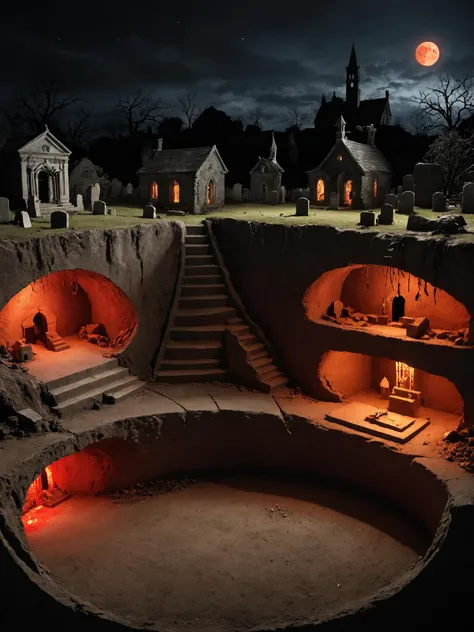 cross-section of a graveyard, (diagram, diorama:0.2), well tended gravestones, an underground crypt, red glow, entrance to hell, circular staircase descending into the earth, haunted, spooky, horror theme, at night, night photography, cinematic lighting,  ...