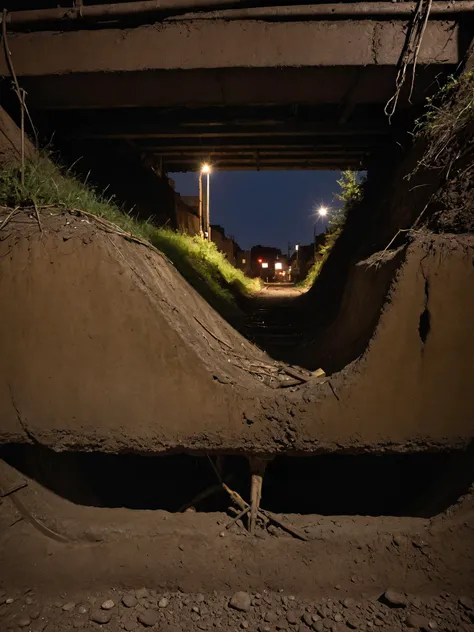 urban decay, storm water drain under train tracks, urban spelunking, cinematic lighting,  csu, cross-section, from the side, underground, burrow, fantasy landscape, national geographic, best quality, masterpiece, award winning photo,