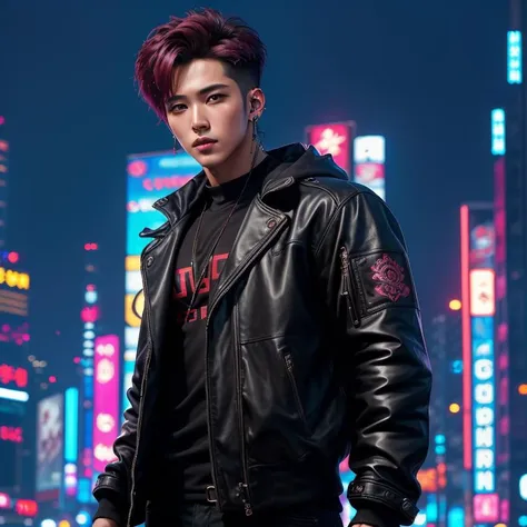 a man in a black jacket standing in front of a city at night